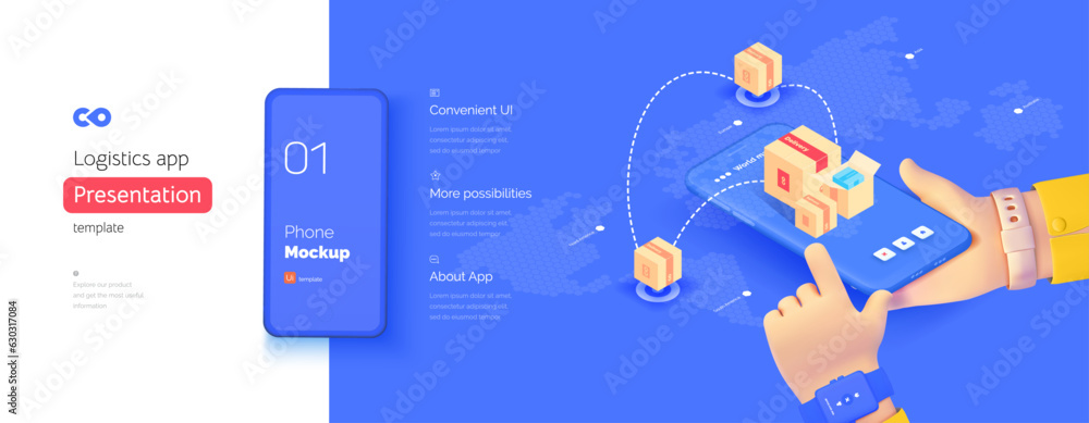 Poster navigation application template. the hand is holding a smartphone. global navigation system. geotags