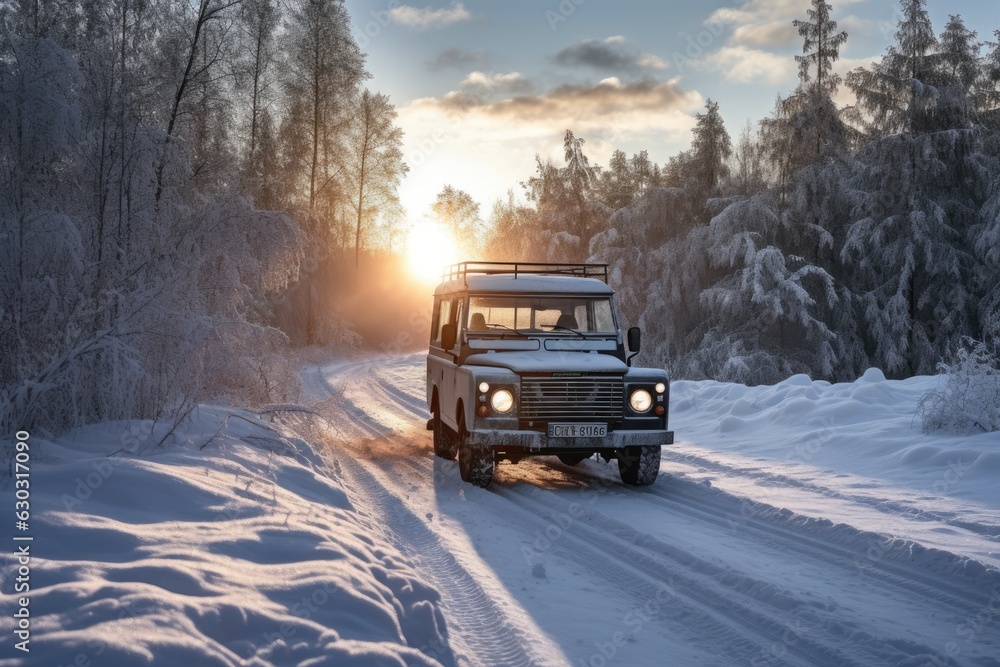 Canvas Prints Vehicle on a snow-covered road in the winter. Generative AI