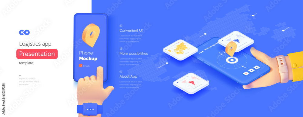 Poster navigation application template. the hand is holding a smartphone. global navigation system. geotags