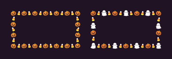 Fototapeta premium Cute Rectangle Halloween frame template set. Rectangular Halloween border with cartoon ghost, jack o lantern, pumpkins, candy corn. Social media banner vector illustration
