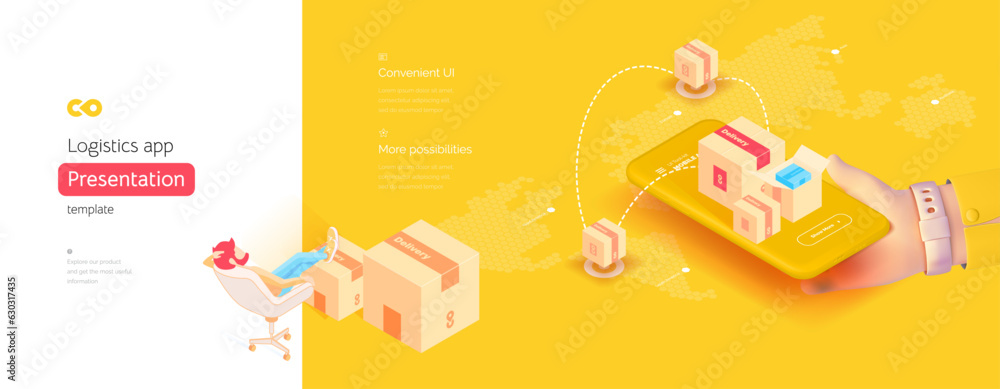 Poster delivery mobile application template. the hand is holding a smartphone. delivery management. global 