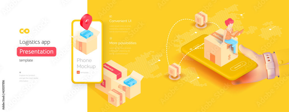 Poster delivery mobile application template. the hand is holding a smartphone. delivery management. global 