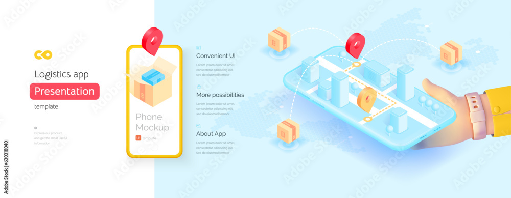 Poster delivery mobile application template. the hand is holding a smartphone. delivery management. global 