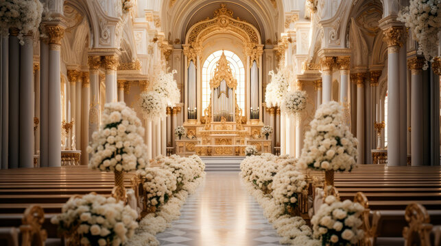 Empty church decorated with flowers for a wedding ceremony