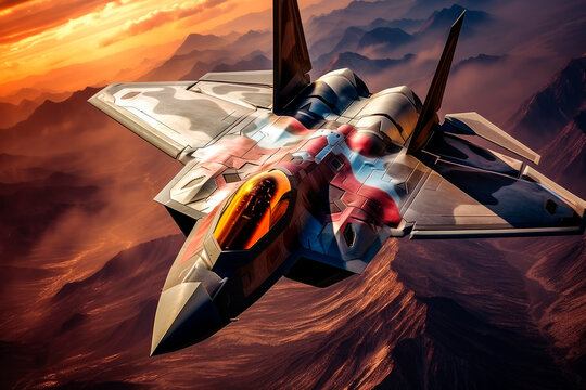 Modern futuristic fighter jet flying over the mountains