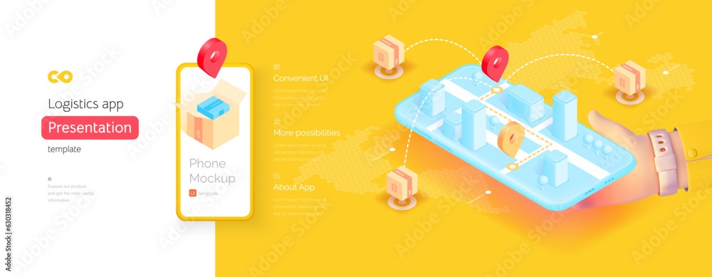 Poster delivery mobile application template. the hand is holding a smartphone. delivery management. global 
