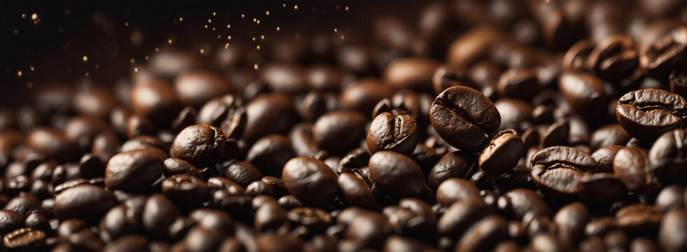 Fresh roasted arabica and robusta coffee beans. Coffee in a wooden bowl on a dark wood background Banner