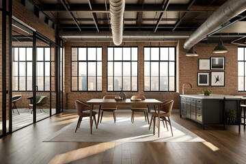 Design an interior of an industrial loft with exposed brick walls, metal accents, and large windows providing views of a bustling urban landscape