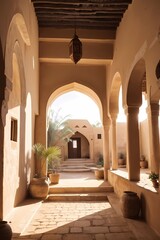 View of the inner courtyard of an old traditional Arab mud brick
