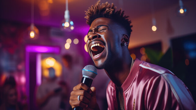 Stylish young man sings into a microphone at a house party.