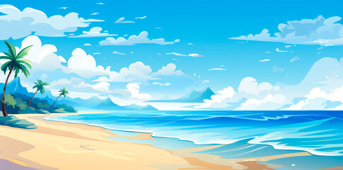 Fototapeta na wymiar Beautiful sunny beach with blue water. illustration style. Ai generation