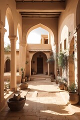 View of the inner courtyard of an old traditional Arab mud brick
