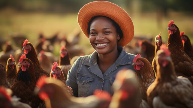 Woman poultry farmer smiles surrounded by chickens on a farm.