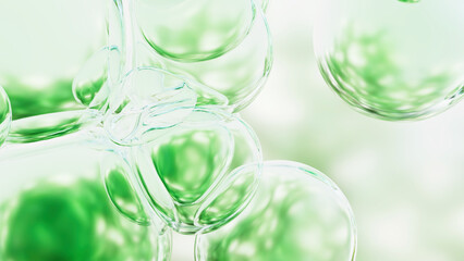 緑が映り込む透明な泡の3Dレンダリング, シンプルでクリーンな環境のコンセプトイメージ