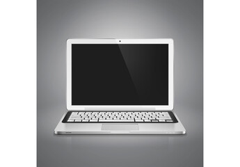 High detailed realistic vector illustration of modern laptop with black screen on gray background.