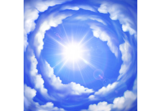 Vector background of cloudy summer sky with bright sun and lens flares