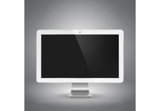 Realistic vector illustration of white computer monitor with black screen.