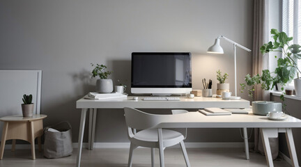minimal home office desk setup with grey neutral colors