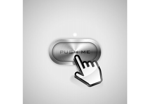 Vector illustration of hand cursor pointing to metallic button.