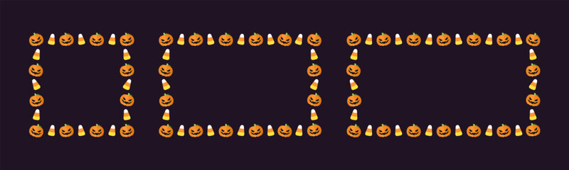 Cute Square and Rectangle Halloween frame template set. Halloween border with jack o lantern, pumpkins, candy corn. Social media banner vector illustration collection