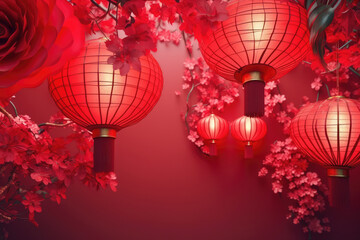 Lit red Chinese lanterns against a backdrop of flowers. Web banner, illustration not the theme of the Chinese New Year, the theme for the postcard, generative AI