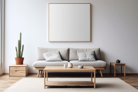 Mockup of a photo frame elegantly hanging on the wall in a minimalist modern living room with natural daylight shining through the window onto the wooden sofa and greenery
