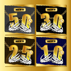 Collection of discount numbers for sale poster with skull hands holding a golden glossy number 