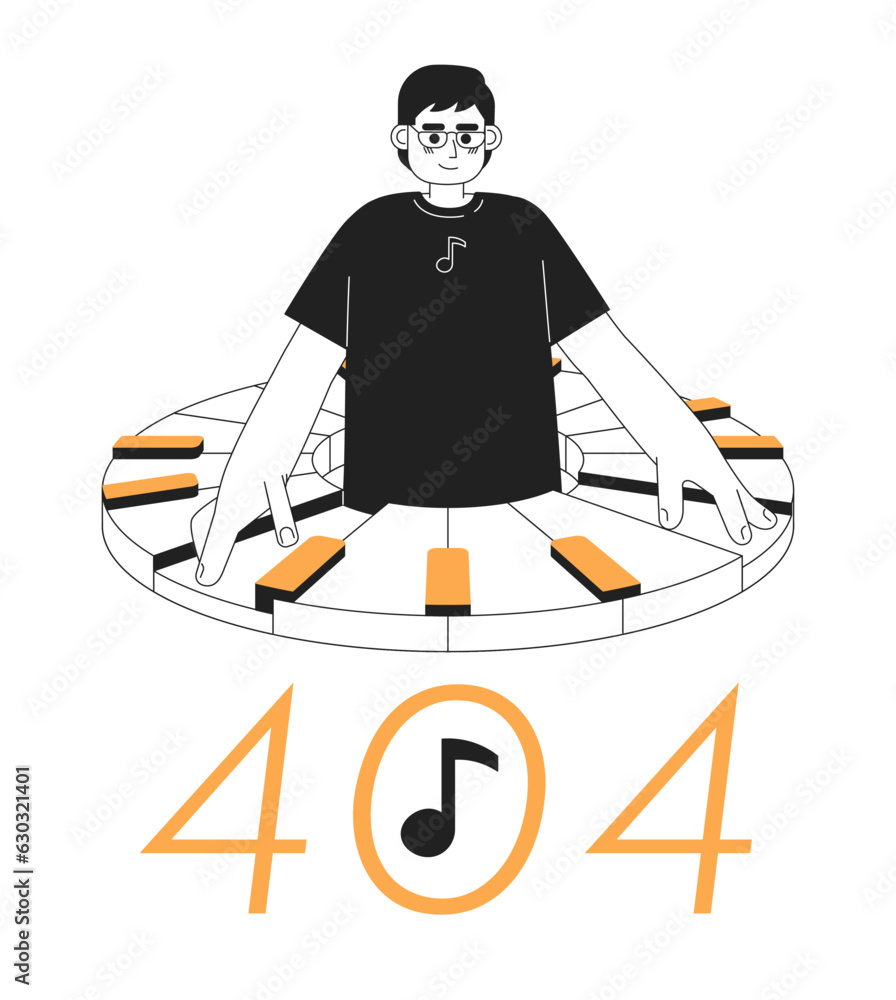 Poster man playing on piano black white error 404 flash message. young man hobby. monochrome empty state ui