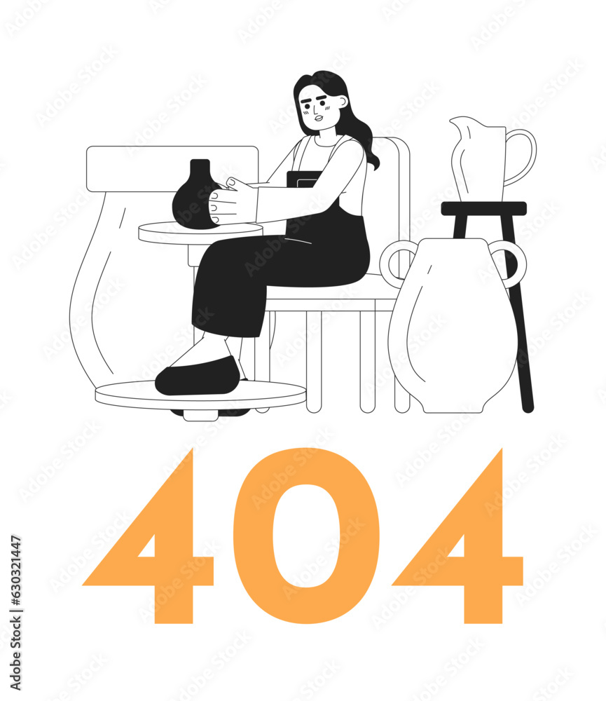 Poster woman in pottery workshop black white error 404 flash message. creating ceramic pot. monochrome empt