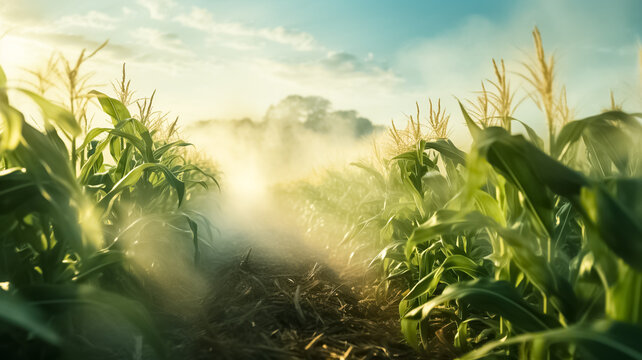 Field of green corn at an early stage in the morning in the fog. Sweet corn close-up garden farmland, field on a plantation in the countryside. 
