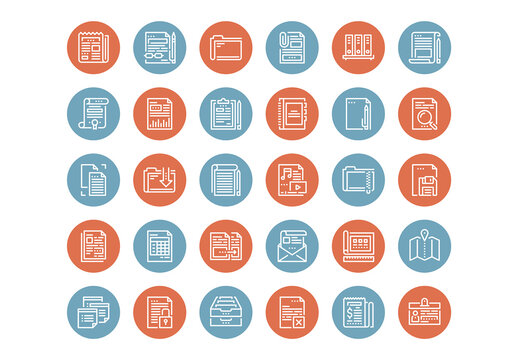 Vector set of files and documents flat line web icons. Each icon with adjustable strokes neatly designed on pixel perfect 48X48 size grid. Fully editable and easy to use.