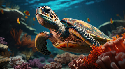 Fototapeta premium Generative ai illustration of coral reef with sea turtle gliding through the water