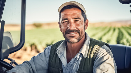 Portrait of confident man farmer in cap working on a tractor in the field. Field farming vehicle. Machine for agriculture. 

