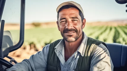 Poster Portrait of confident man farmer in cap working on a tractor in the field. Field farming vehicle. Machine for agriculture.    © BlazingDesigns
