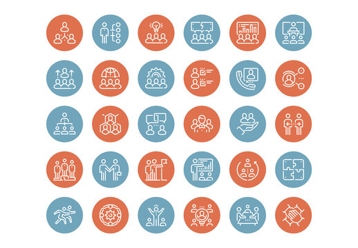 Vector set of team work flat line web icons. Each icon with adjustable strokes neatly designed on pixel perfect 48X48 size grid. Fully editable and easy to use.