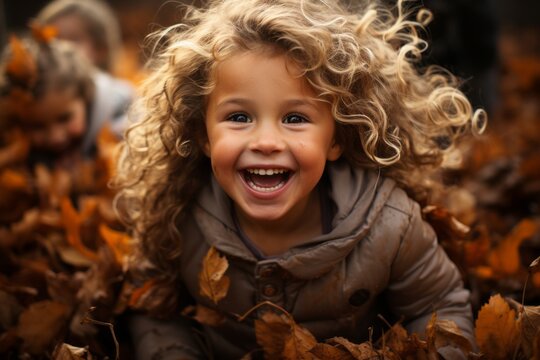 Children playing in a pile of autumn leaves on Thanksgiving Day. The scene could be set in a backyard or park, with kids jumping and laughing as they enjoy the crisp fall air. Generative Ai