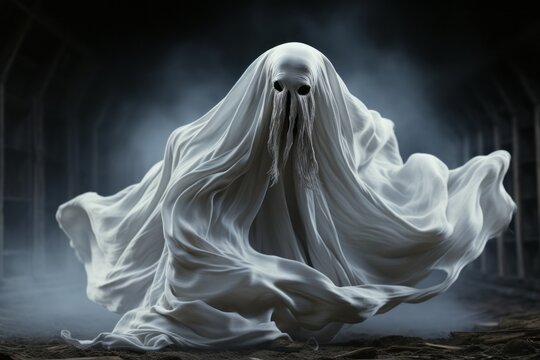 White sheet ghost costume. Ghost Challenge. Halloween concept. Background with selective focus and copy space