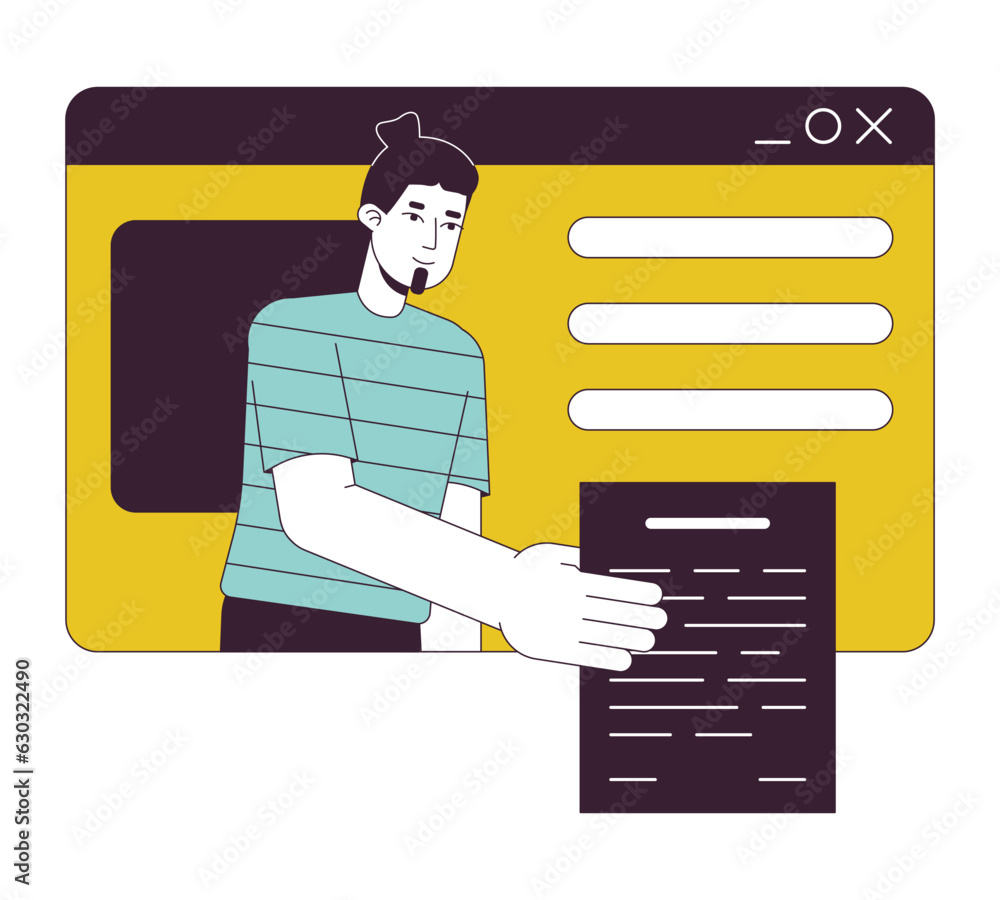 Aufkleber freelancer give document flat line concept vector spot illustration. man on web page mockup backgrou