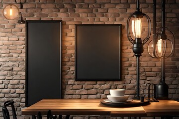 Front view blank black menu frame on brick wall with lamp in loft cafe interior, mockup 3d rendering