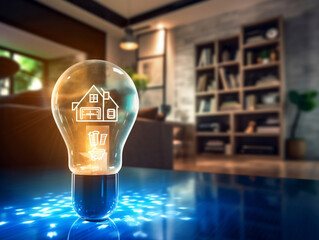 Light bulb and holographic icons of digital technology. Concept of smart home ideas.