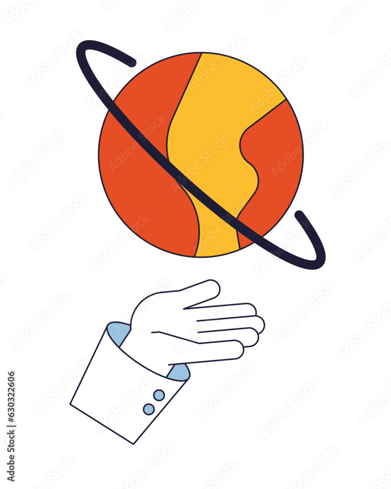 Poster planet over hand flat line color isolated vector object. planetary ring. editable clip art image on 