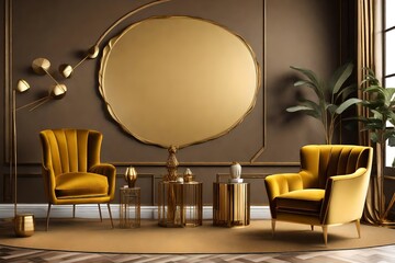 Luxury premium living room with two yellow mustard armchairs and a golden brass table. Painted accent empty wall for art. Dark room interior design. Mockup space ivory beige brown color. 3d rendering