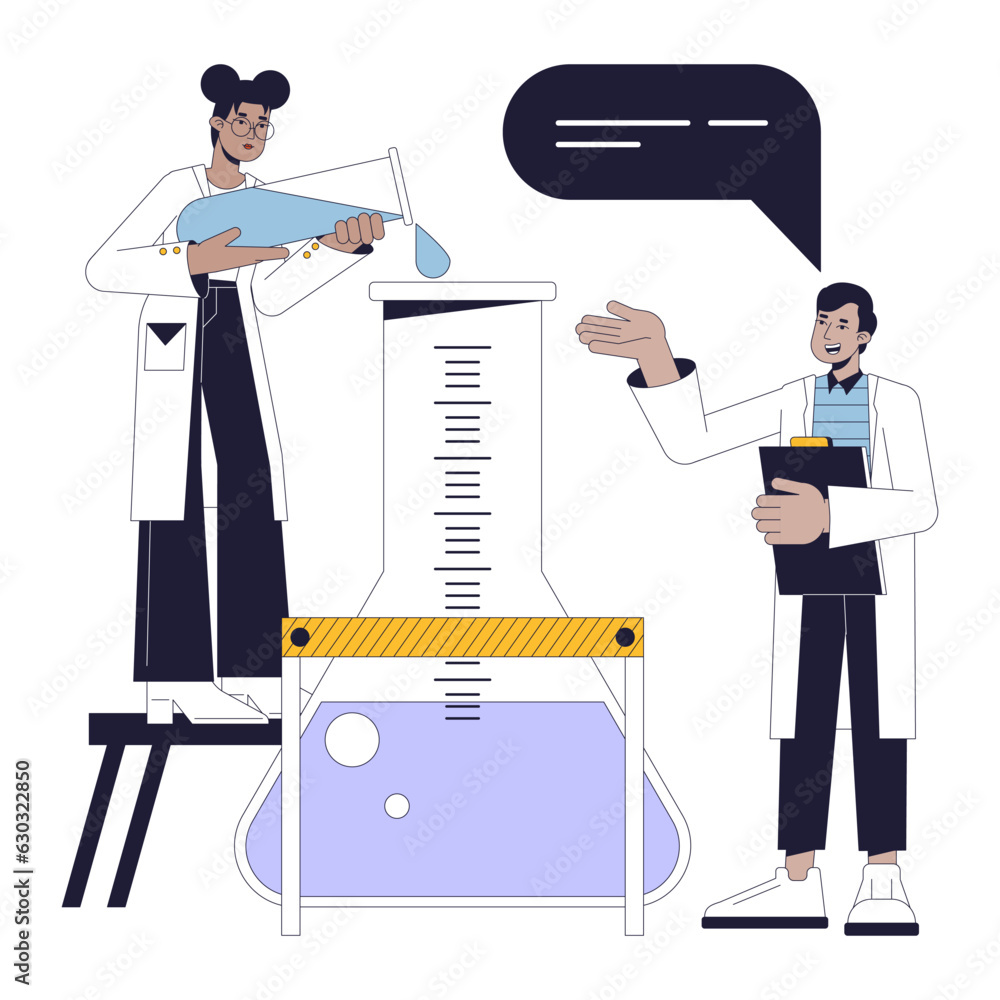 Poster chemical experiment flat line concept vector spot illustration. scientists mixing liquids in flask 2