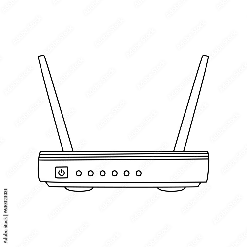 Poster internet router icon in doodle sketch lines. connection data networking wifi computer