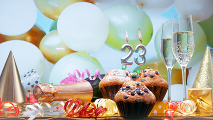 Happy birthday champagne background with number of candles  23. Beautiful congratulations copy...