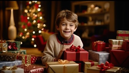 Fototapeta na wymiar Excited boy opening Christmas gifts, kid unwrapping presents, joyful surprises
