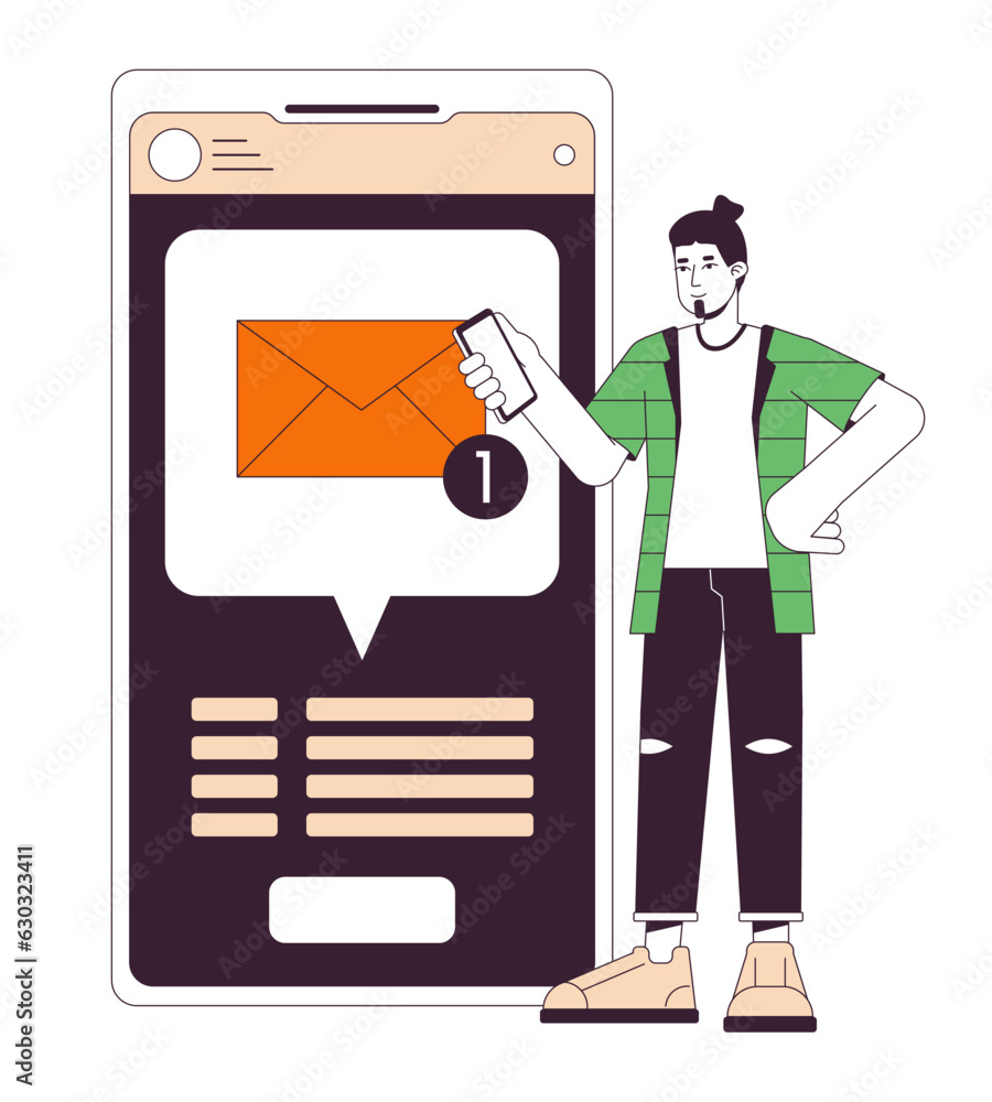 Aufkleber getting text message flat line concept vector spot illustration. notification. man holding smartphon