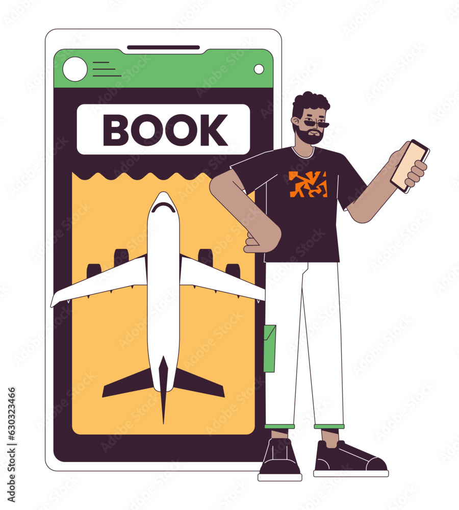 Aufkleber buying tickets on plane online by smartphone flat line concept vector spot illustration. man plannin