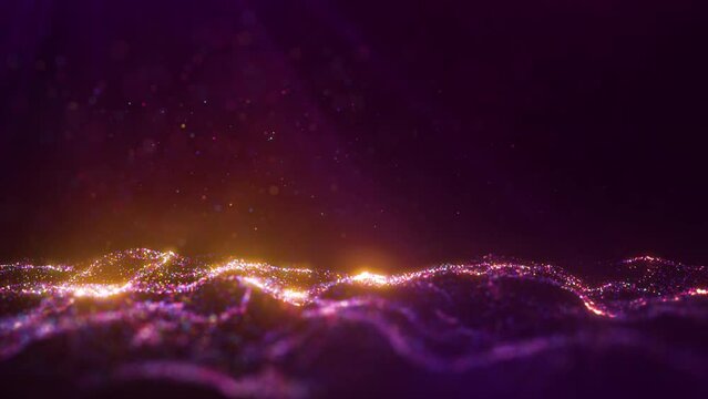 Digital data transfer concept. Night city electricity, information stream. Virtual reality cyberspace. Elegant particle flow, colorful glitters. Magical bokeh, abstract background. Seamless loop