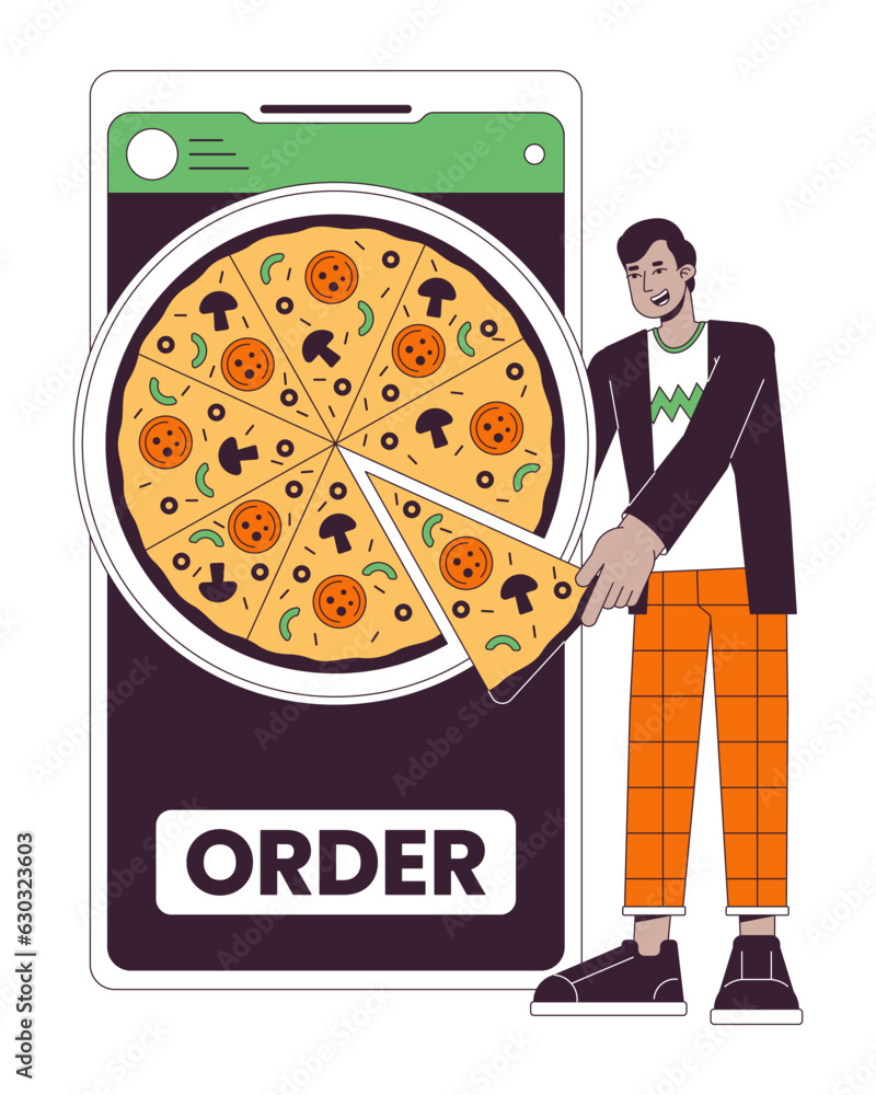 Aufkleber online ordering food flat line concept vector spot illustration. man buying pizza by smartphone 2d c